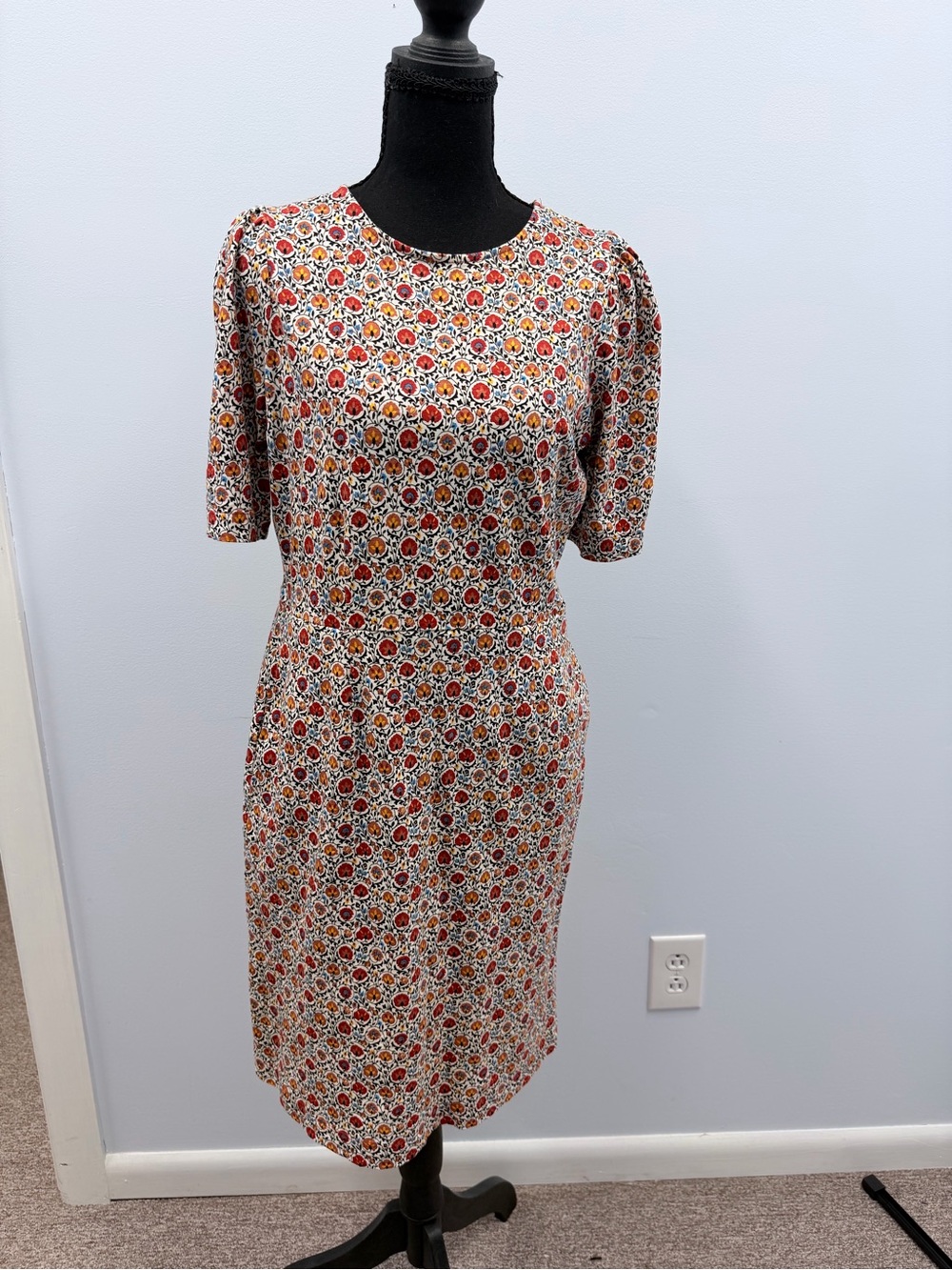 Boden Red and Cream Floral Midi Dress with Orange Details